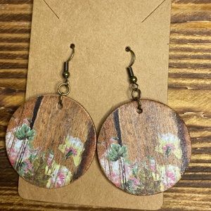 Handmade wood distressed floral earrings.